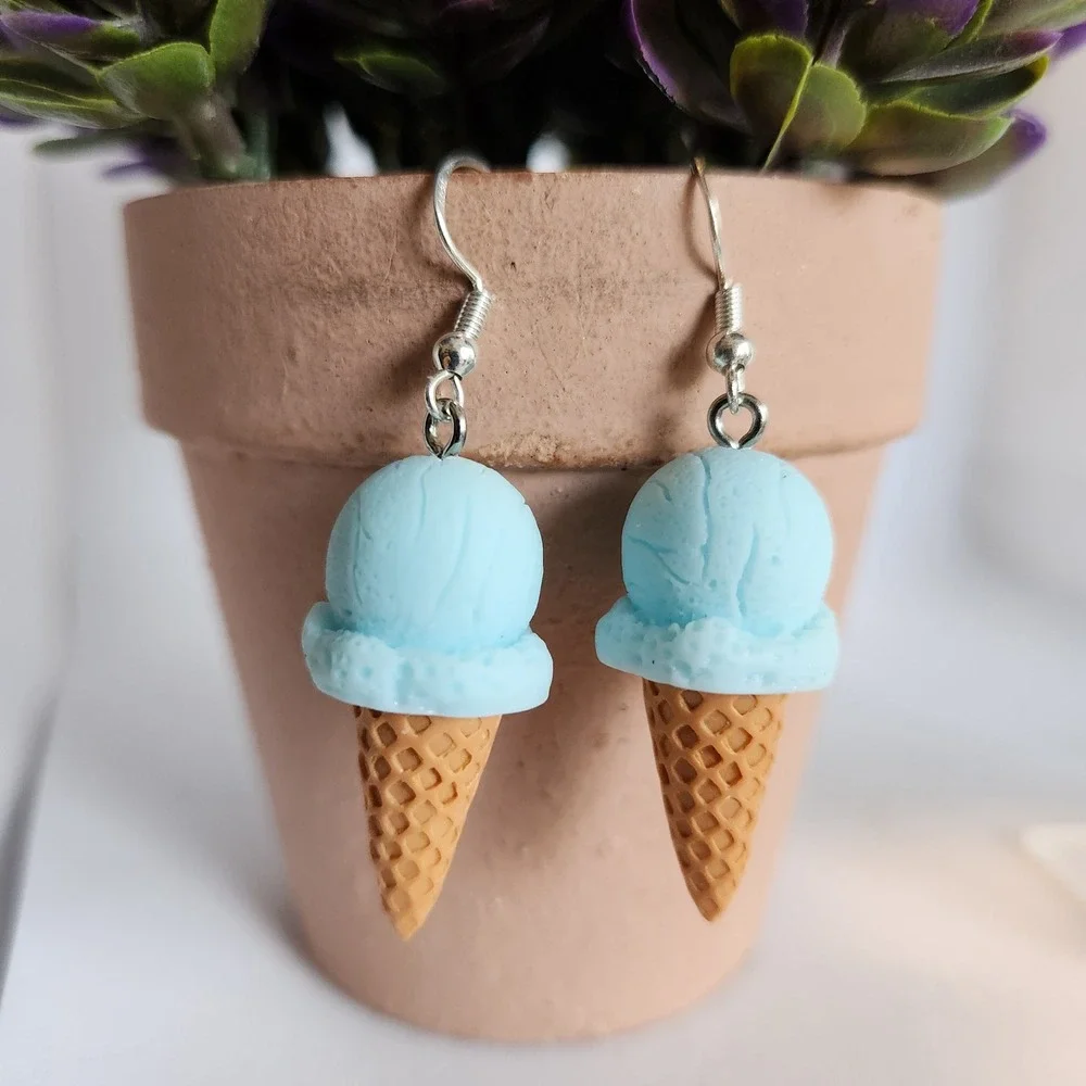 Blue Ice‎ Cream Cone Dangle Earrings Summer Foodie Novelty Jewelry 2